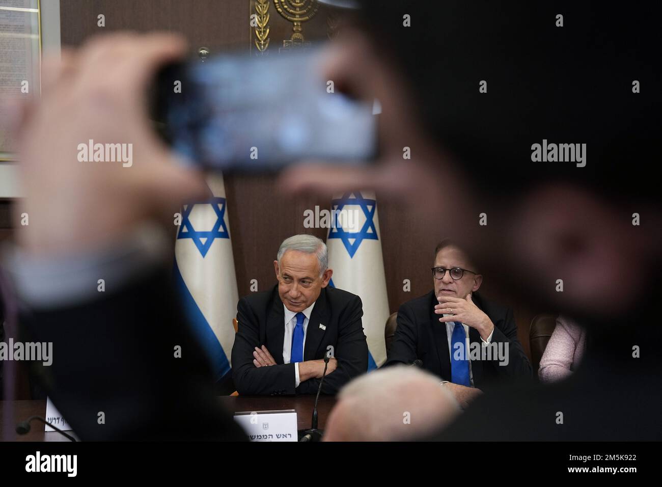 Jerusalem, Israel. 29th Dec, 2022. Newly sworn in Israeli Prime Minister Benjamin Netanyahu attends a cabinet meeting in Jerusalem on Thursday, December 29, 2022. Pool Photo by Ariel Schalit,/UPI Credit: UPI/Alamy Live News Stock Photo