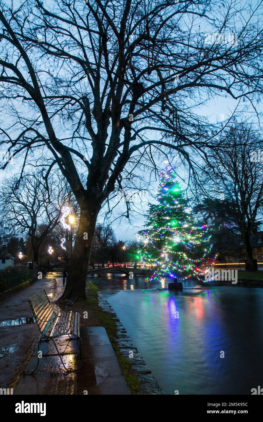 The decorated Christmas tree in the river at BourtonontheWater in the Cotswolds Stock Photo