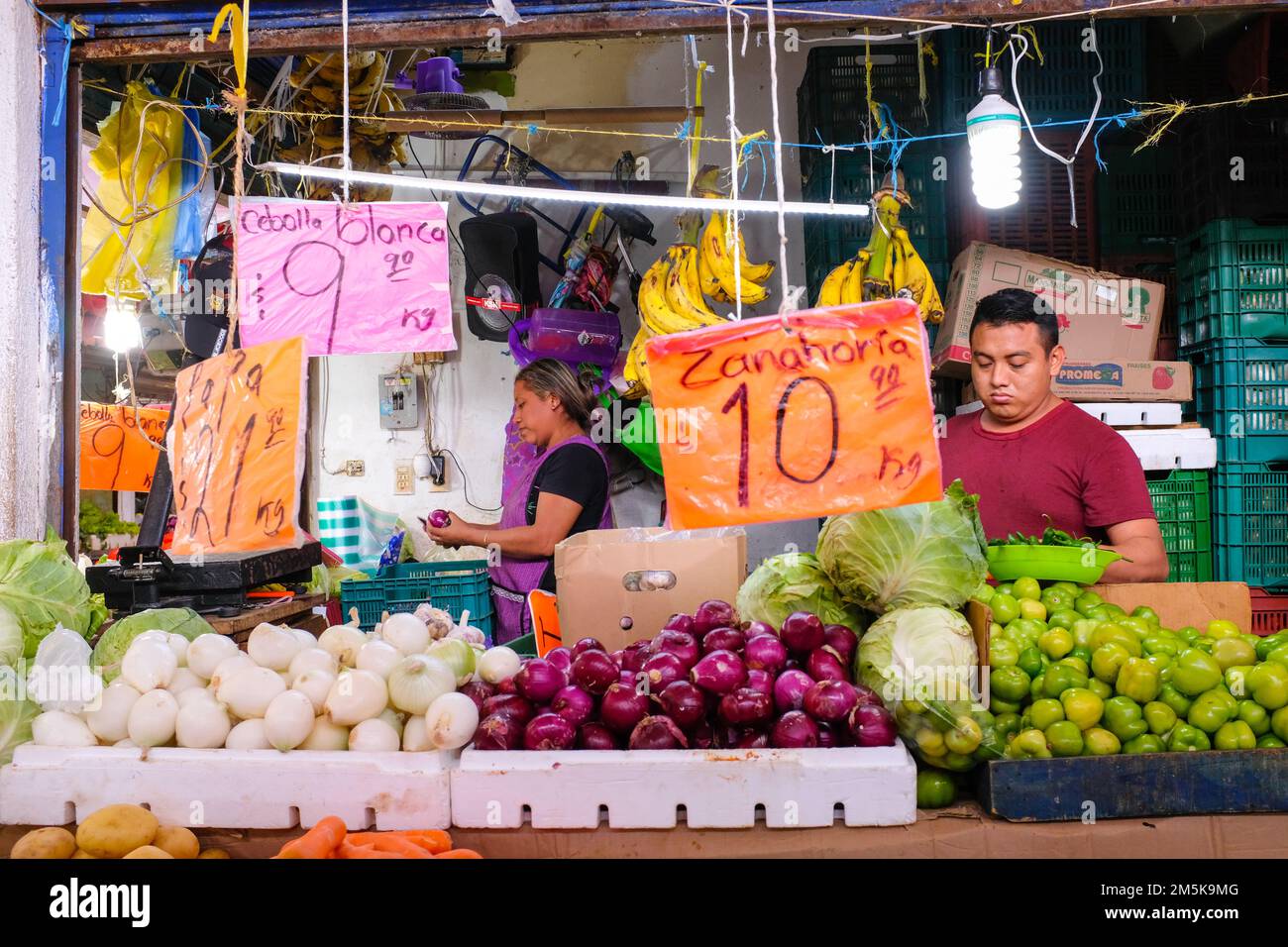 Vegetable vendor at the Lucas de Galvez Market in the center of Merida, Yucatan, Mexico Stock Photo