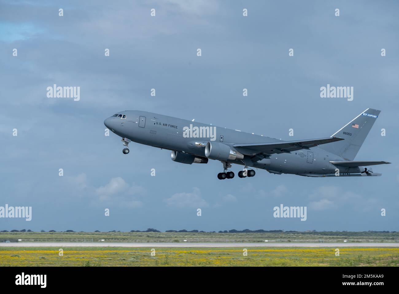 A KC-46A Pegasus assigned to Pease Air National Guard Base takes off as part of the KC-46A Employment Concept Exercise (ECE) Monday March 21, at Morón Air Base, Spain. Since January of 2019, the tanker has routinely conducted missions in the United States and the Pacific, Middle East and Europe, including providing refueling support to move fighter aircraft to and from the Middle East through Morón. Stock Photo