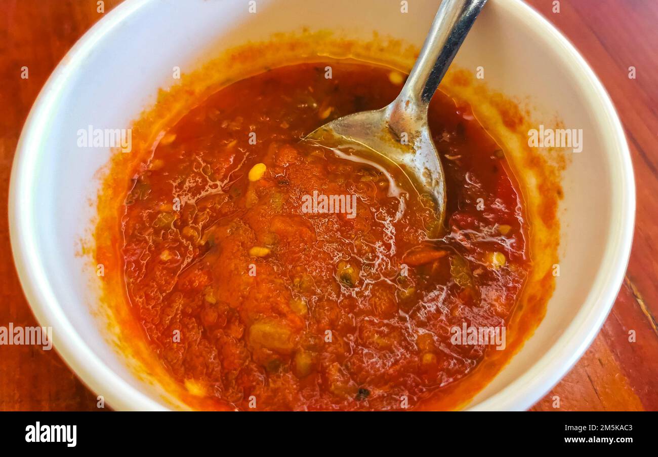 Spicy red Mexican chili sauce in Zicatela Puerto Escondido Oaxaca