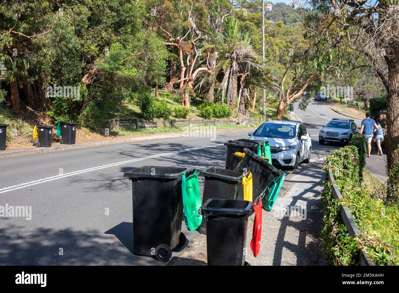 Avalon Beach Sydney council empties domestic bins and recycling bins, yellow for plastics and