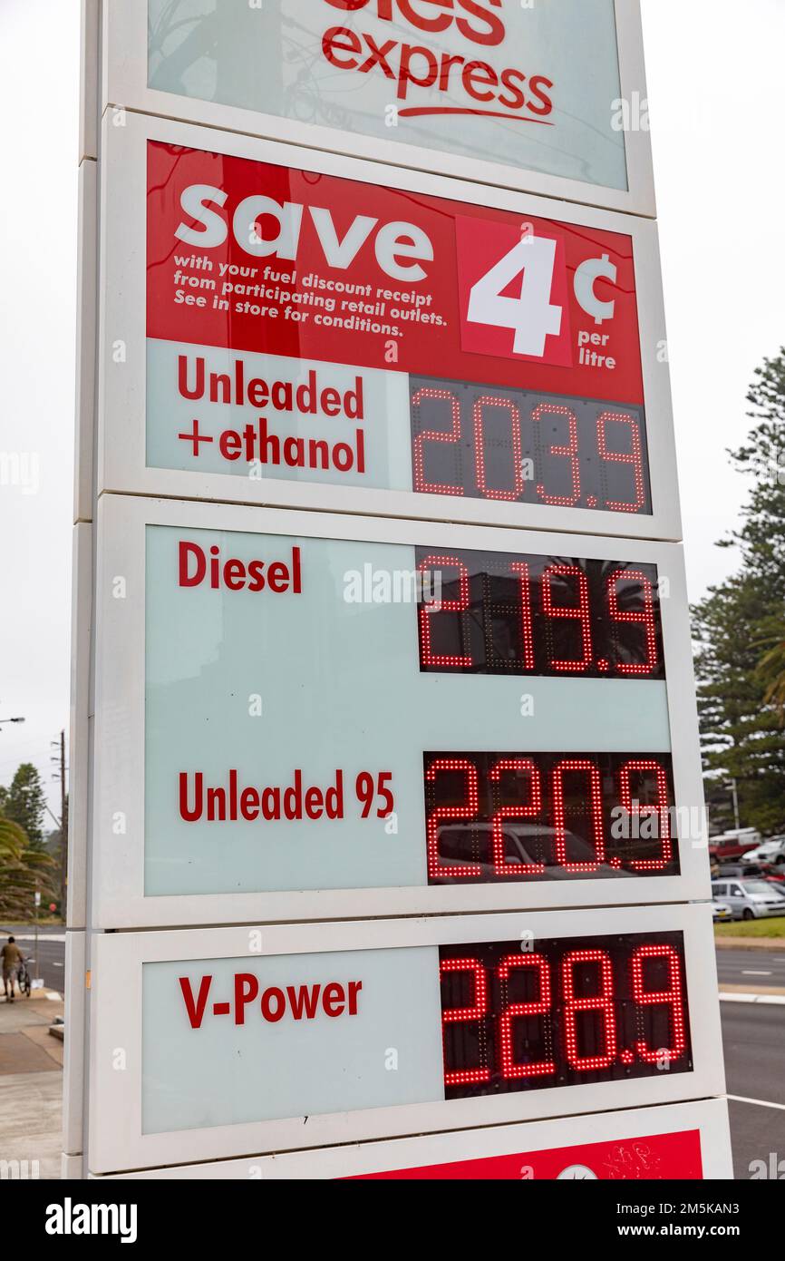 Shell fuel petrol station in Sydney Australia display prices per litre for diesel, unleaded and ethanol and v power fuels,NSW,Australia Stock Photo