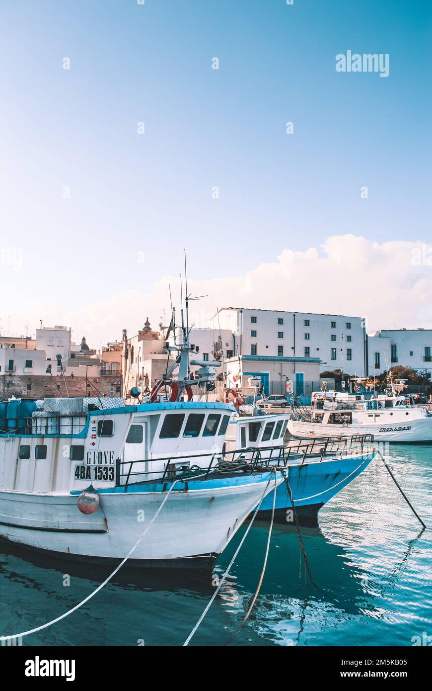 A vertical shot of ships parked on a pier during sunrise in Monopoli ...