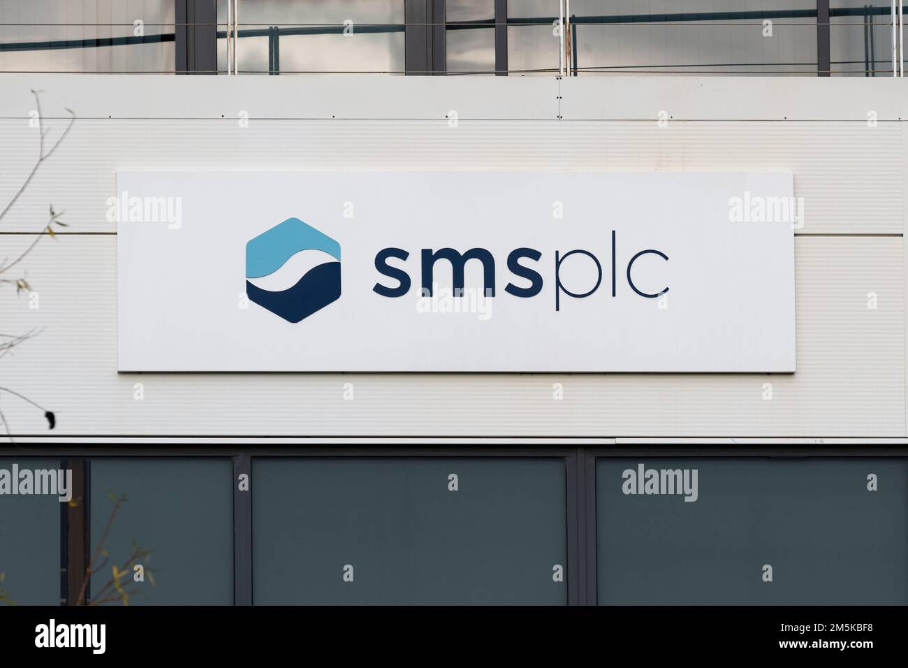 Smart Metering Systems PLC (SMS plc) sign and logo, Icon Building, First Point, Balby Carr Bank, Doncaster, South Yorkshire, England, UK Stock Photo
