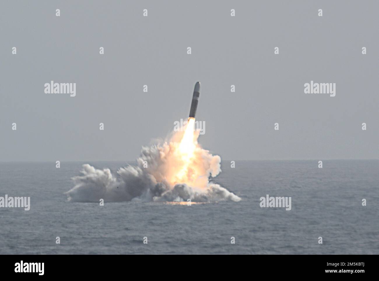 ATLANTIC OCEAN (Feb. 9, 2021) – An unarmed Trident II D5 Life Extension (D5LE) missile launches from Ohio-class ballistic missile submarine USS West Virginia (SSBN 736) during a Commander Evaluation Test (CET) off the coast of Florida. The primary objective of a CET is to validate performance expectations of the Trident II D5LE strategic weapon system (SWS) on boats that are strategically deployed, and this particular test concluded the D5LE CET population flights for the Ohio-class SSBN. Future tests will be Follow-on Commander Evaluation Tests (FCET) and are required as part of rigorous read Stock Photo
