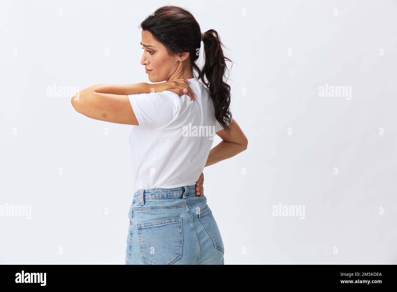 Woman pain throat and back, colds, cold and flu disease, covid19, in a