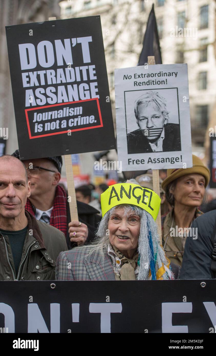 Stock image of  the late British Fashion Designer and activist Dame Vivienne Westwood during the Don't extradite Julian Assange march and protest rally in central London on 22nd February 2020. Stock Photo