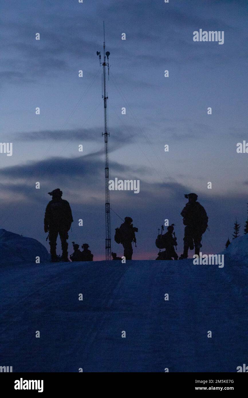 Soldiers from B Company, 1st Battalion, 24th Infantry Regiment, 1st Stryker Brigade Combat Team, 25th Infantry Division, US Army Alaska conduct reconnaissance in Donnelly Training Area March 22, 2022 during Joint Pacific Multinational Readiness Center 22-02. The near-peer scenario used in JPMRC 22-02 assists Soldiers and leaders to develop and refine the tactics, techniques, and procedures necessary to successfully operate in remote and extreme Arctic winter conditions and overcome both environmental and military challenges.  (Photo by Staff Sgt. Christopher Dennis/USARAK PAO NCO) Stock Photo