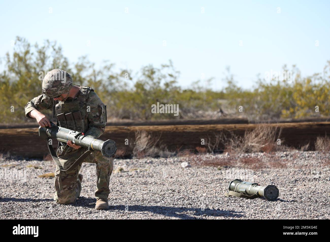 A competitor practices firing an AT4 Rocket Launcher from cadre during