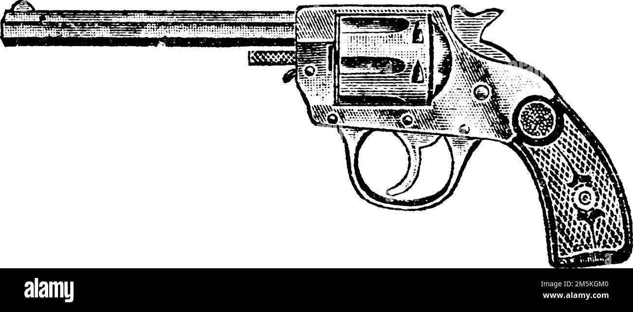 32-Caliber Double Action Harrington and Richardson Revolver, Vintage Engraving. Old engraved illustration of a Harrington and Richardson Revolver isol Stock Photo