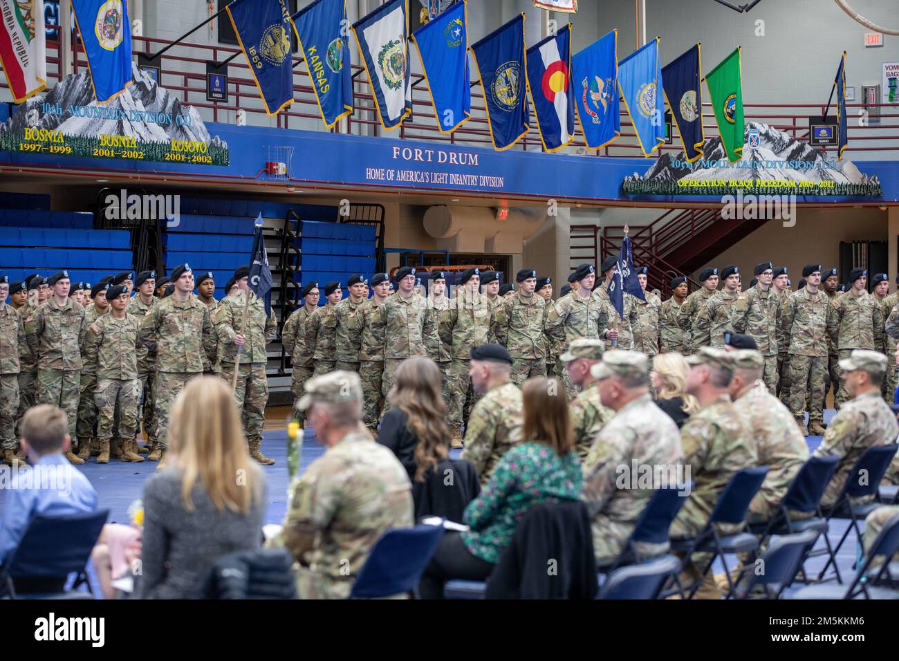 Lt. Col. Adam Armstrong relinquishes command of 2nd Battalion, 22nd Infantry Regiment, 1st Brigade Combat Team, 10th Mountain Division  to Lt. Col. Matthew VanPutte on Fort Drum N.Y., on March 22, 2022. Stock Photo