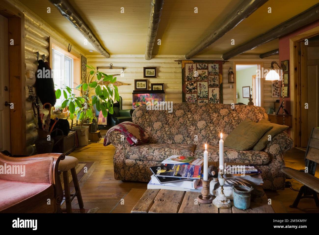 Old upholstered sofa and furnishings in living room inside country cottage  style log home, Quebec, Canada. This image is property released. CUPR0246  Stock Photo - Alamy
