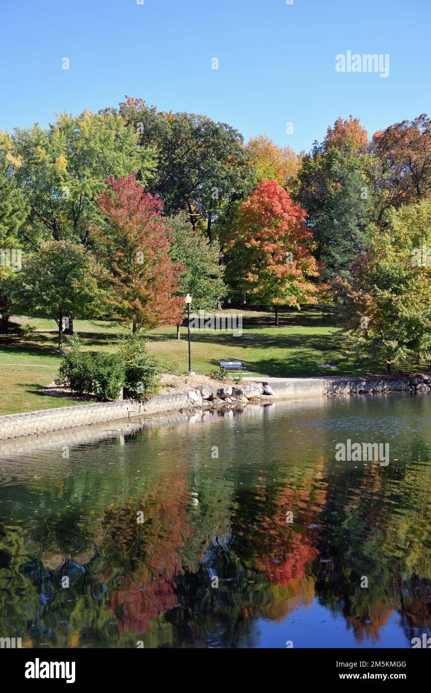 Elgin, Illinois, USA. The beauty and color of the autumn season in evidence around a lake at a park in northeastern Illinois. Stock Photo