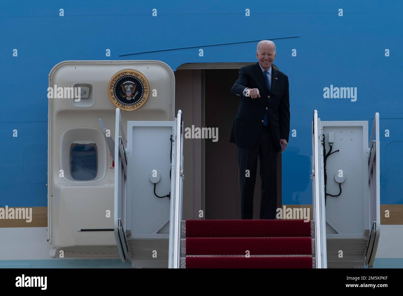 U.S. President Joe Biden boards Air Force One prior departing for his trip to Europe at Joint Base Andrews, Md., March 23, 2022. Stock Photo