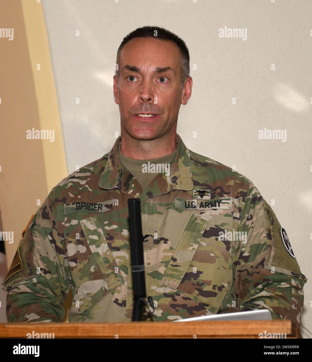 U.S. Army Col. Kenneth Spicer, Public Health Command Europe commander provides remarks during a Relinquishment of Responsibility Ceremony, March 23, 2022 at Landstuhl, Germany. Stock Photo