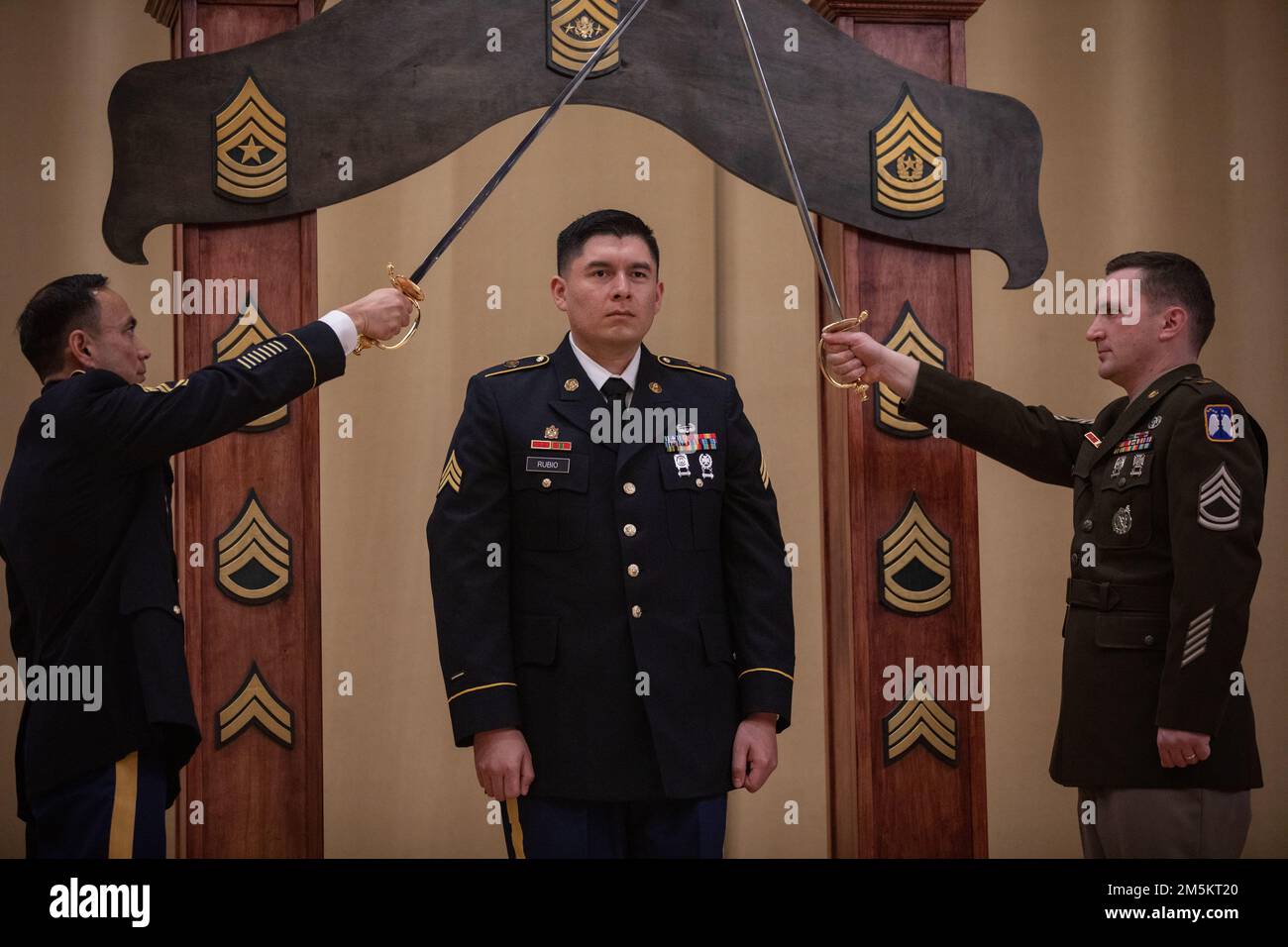 46th Aviation Support Battalion, 16th Combat Aviation Brigade hosted a NCO Induction Ceremony at Evergreen Theater, Joint Base Lewis-McChord, Wash., on March 23, 2022. The ceremony served as a rite of passage for 22 newly promoted NCOs in 46th ASB and HHC, 16th CAB. Stock Photo