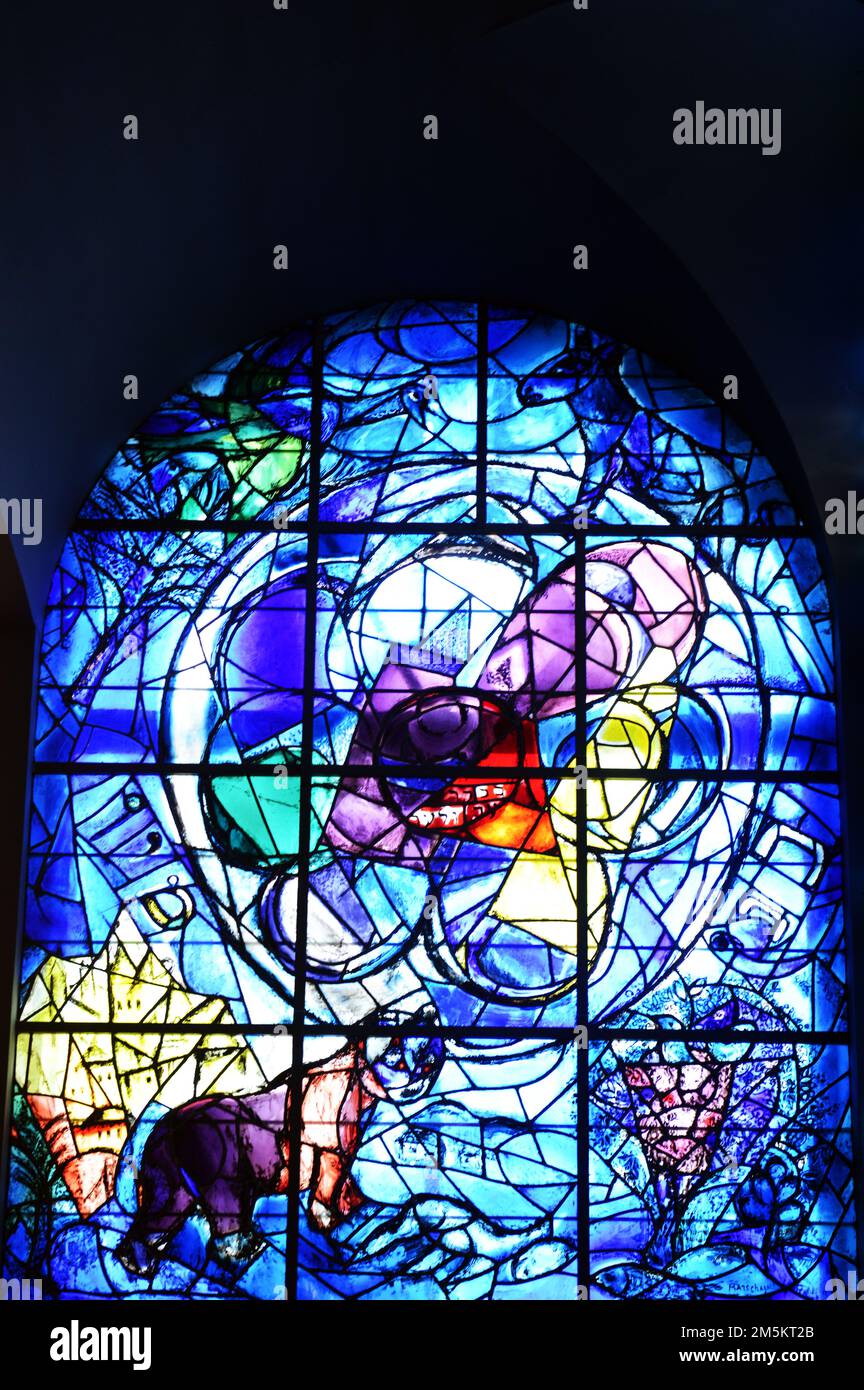 Stained glass Chagall Windows at the Abbell synagogue at the Hadassah hospital in Jerusalem. Stock Photo