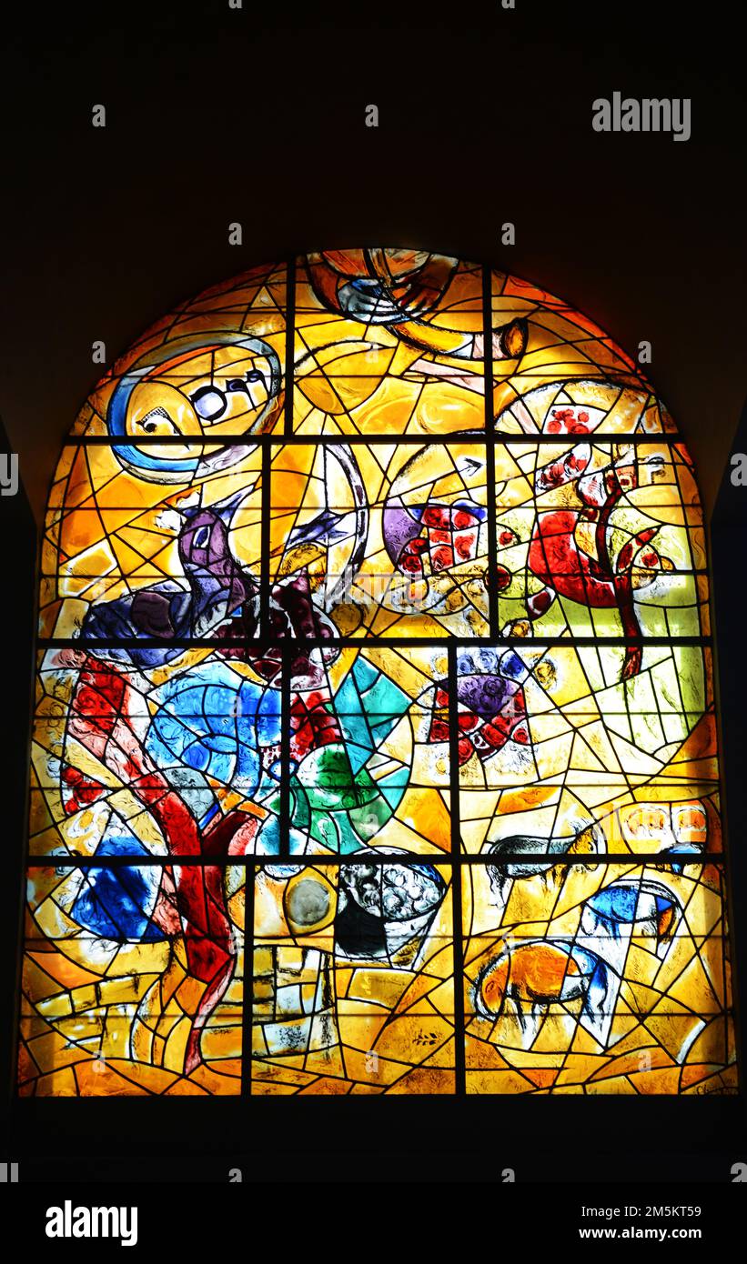 Stained glass Chagall Windows at the Abbell synagogue at the Hadassah hospital in Jerusalem. Stock Photo