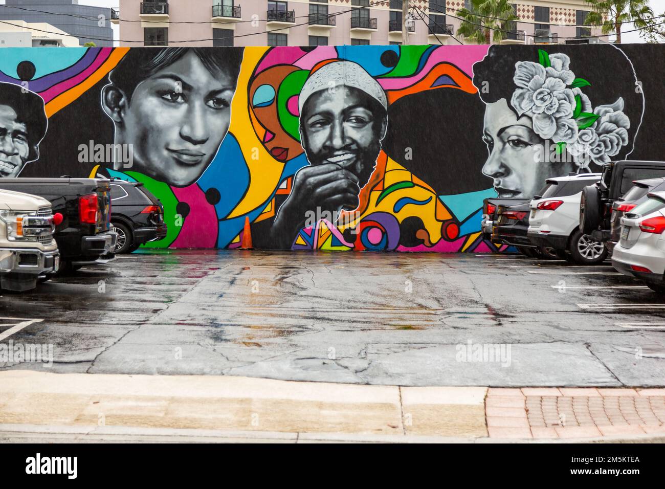 James Brown, Aretha Franklin, Marvin Gaye and Billie Holiday are part of the mural, 'The Revolution of the Groove' in West Palm Beach, Florida, USA. Stock Photo