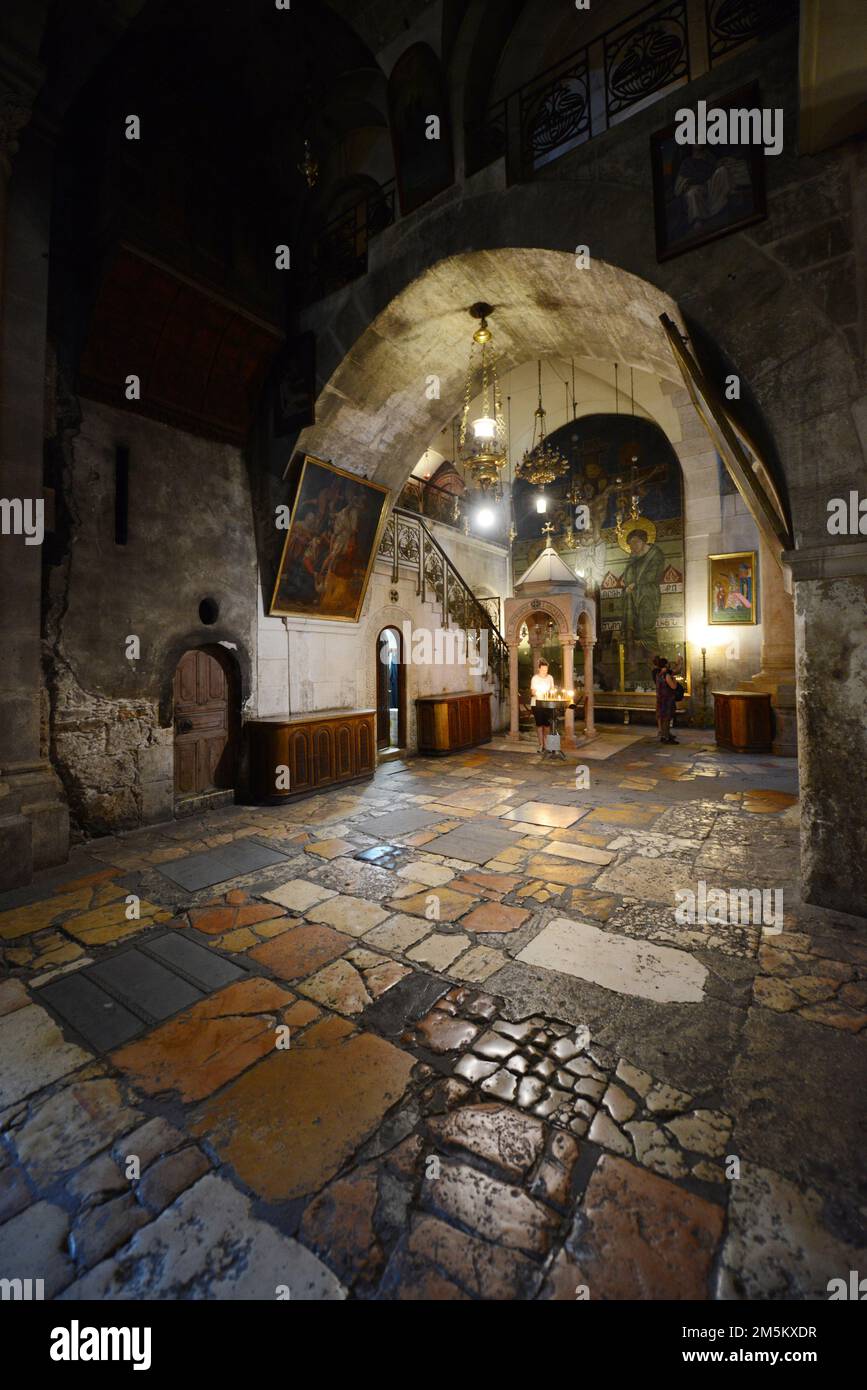 Inside the Church of the Holy Sepulchre in the Christian quarter in the old city of Jerusalem. Stock Photo