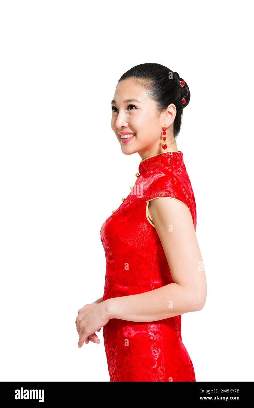 Take the young woman in red cheongsam Stock Photo - Alamy