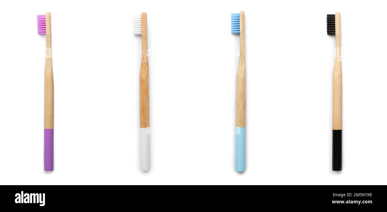Set of bamboo toothbrushes isolated on white Stock Photo - Alamy