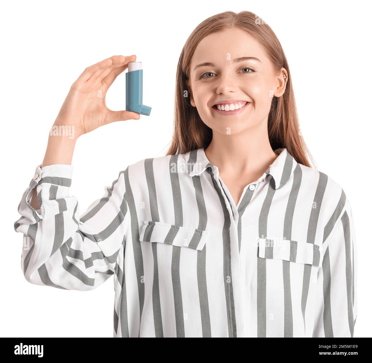 Young woman with inhaler on white background Stock Photo - Alamy