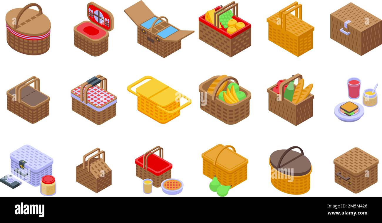 Picnic basket icons set. Isometric set of picnic basket vector icons