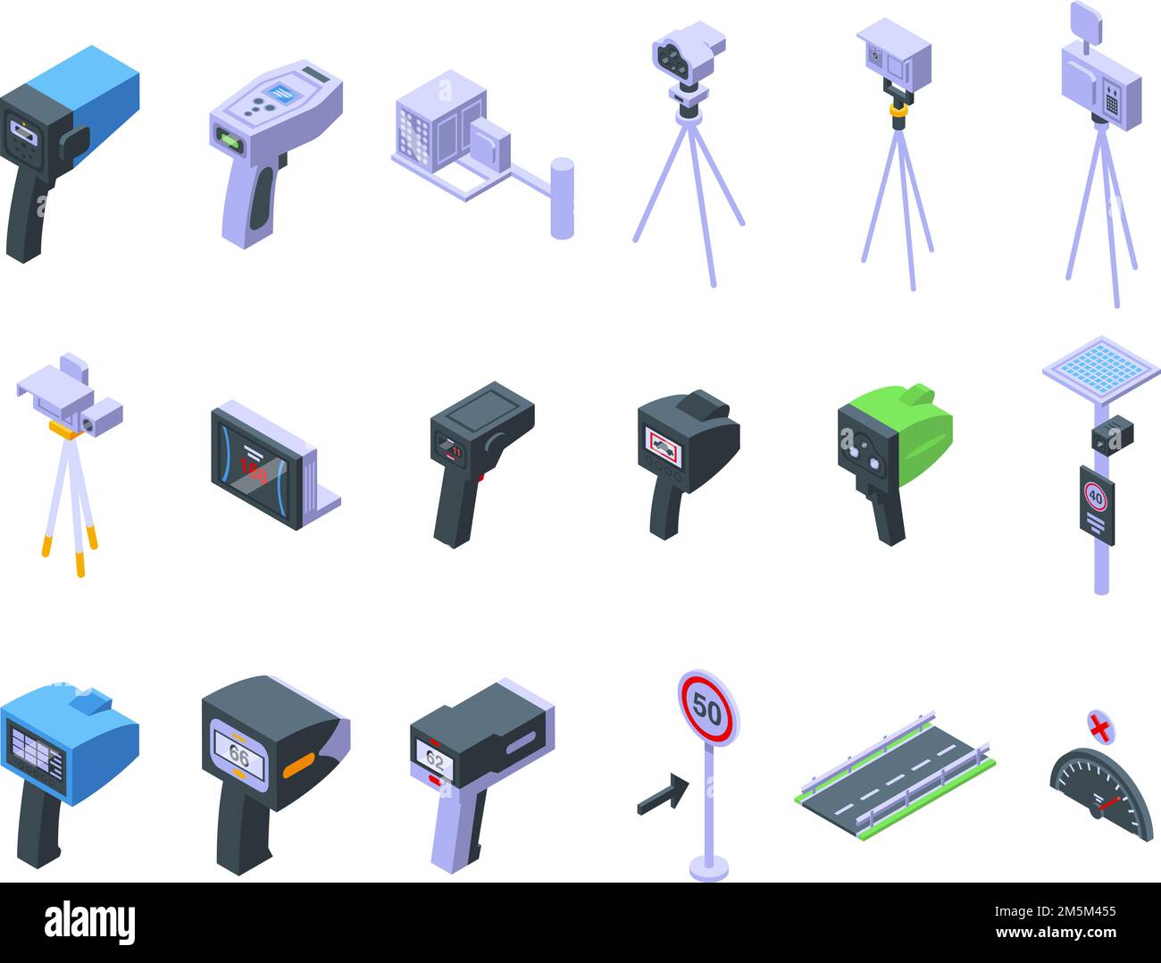 Speed radar icons set isometric vector. Alert camera. Digital car device Stock Vector