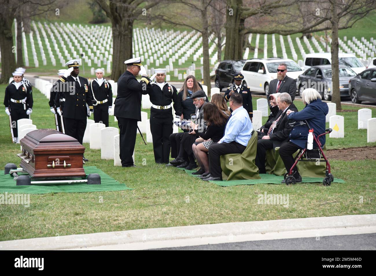 Navy Seaman 1st Class Walter C. Stein, 20, of Cheyenne, Wyoming, killed during World War II, was laid to rest at Arlington National Cemetery, Arlington, Virginia, March 24, 2022. On Dec. 7, 1941, Stein was assigned to the battleship USS Oklahoma, which was moored at Ford Island, Pearl Harbor, when the ship was attacked by Japanese aircraft. The USS Oklahoma sustained multiple torpedo hits, which caused it to quickly capsize. The attack on the ship resulted in the deaths of 429 crewmen, including Stein. The Defense POW/MIA Accounting Agency identified and accounted for Stein on April 16, 2021. Stock Photo