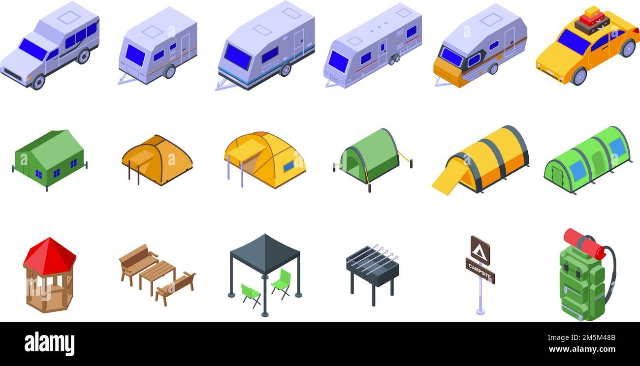 Campsite icons set isometric vector. Backpack activity. Campfire blaze Stock Vector