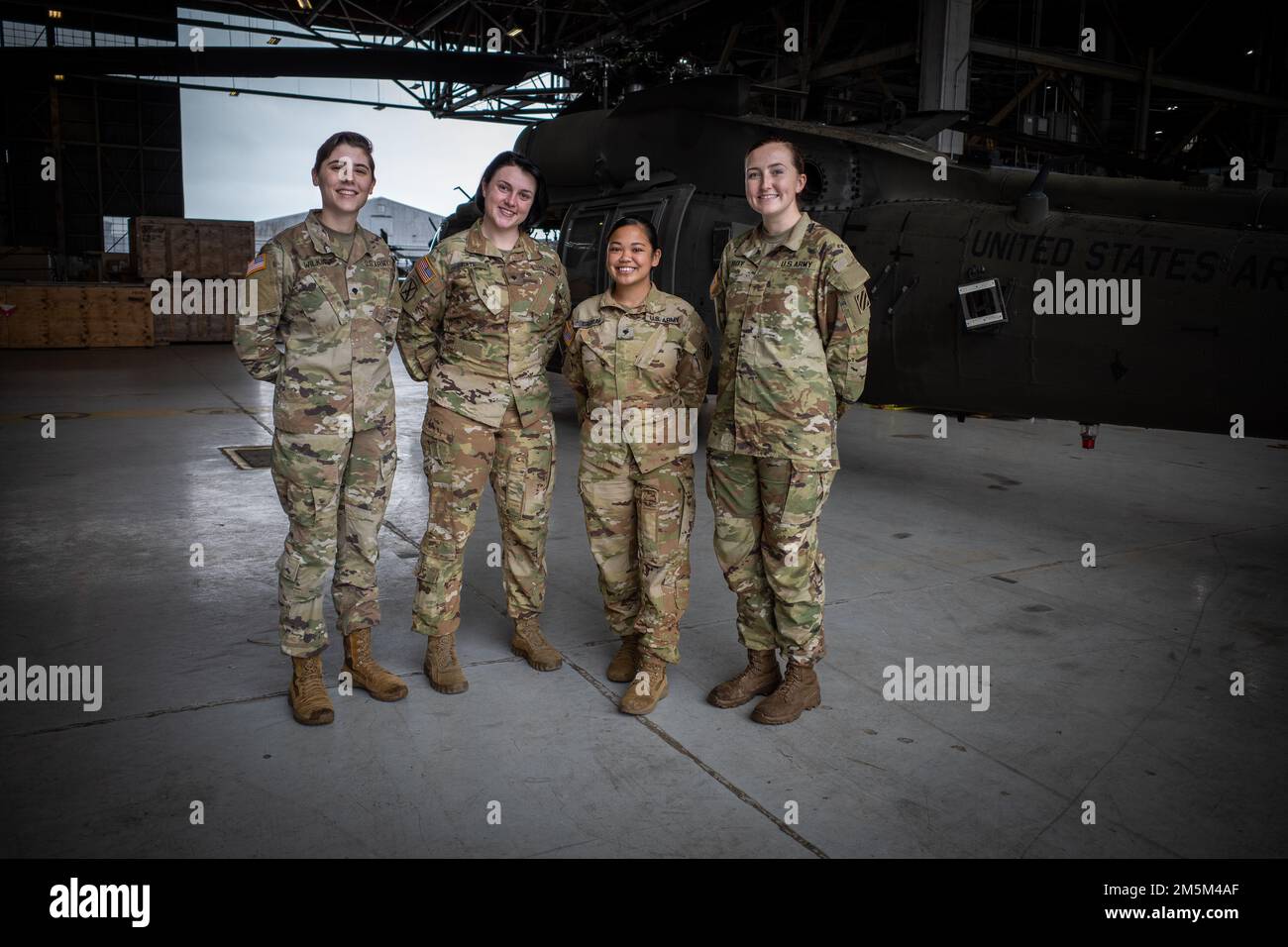 The Marne Air Soldiers of the 3rd Combat Aviation Brigade, 3rd Infantry Division, operate in some of the most complex and dynamic environments in the world and our female Soldiers play a vital role in those operations.     Spc. Caitlin Wilkins, public affairs specialist with Marne Air, Spc. Nicole Nate, Chinook mechanic with 2nd Battalion, 3rd General Support Aviation Support Battalion, Spc. Gerardine Cabral, avionics mechanic with 2/3 GSAB and Sgt. Savannah Roy, public affairs specialist with Marne Air are just a few of the amazing women working on Hunter Army Airfield in Savannah. Stock Photo