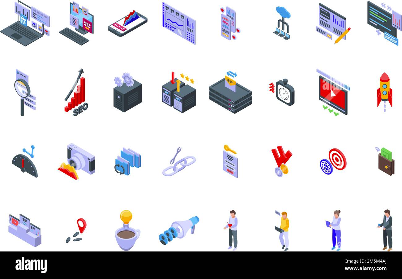 Search engine optimization icons set isometric vector. Search analysis. Global internet Stock Vector