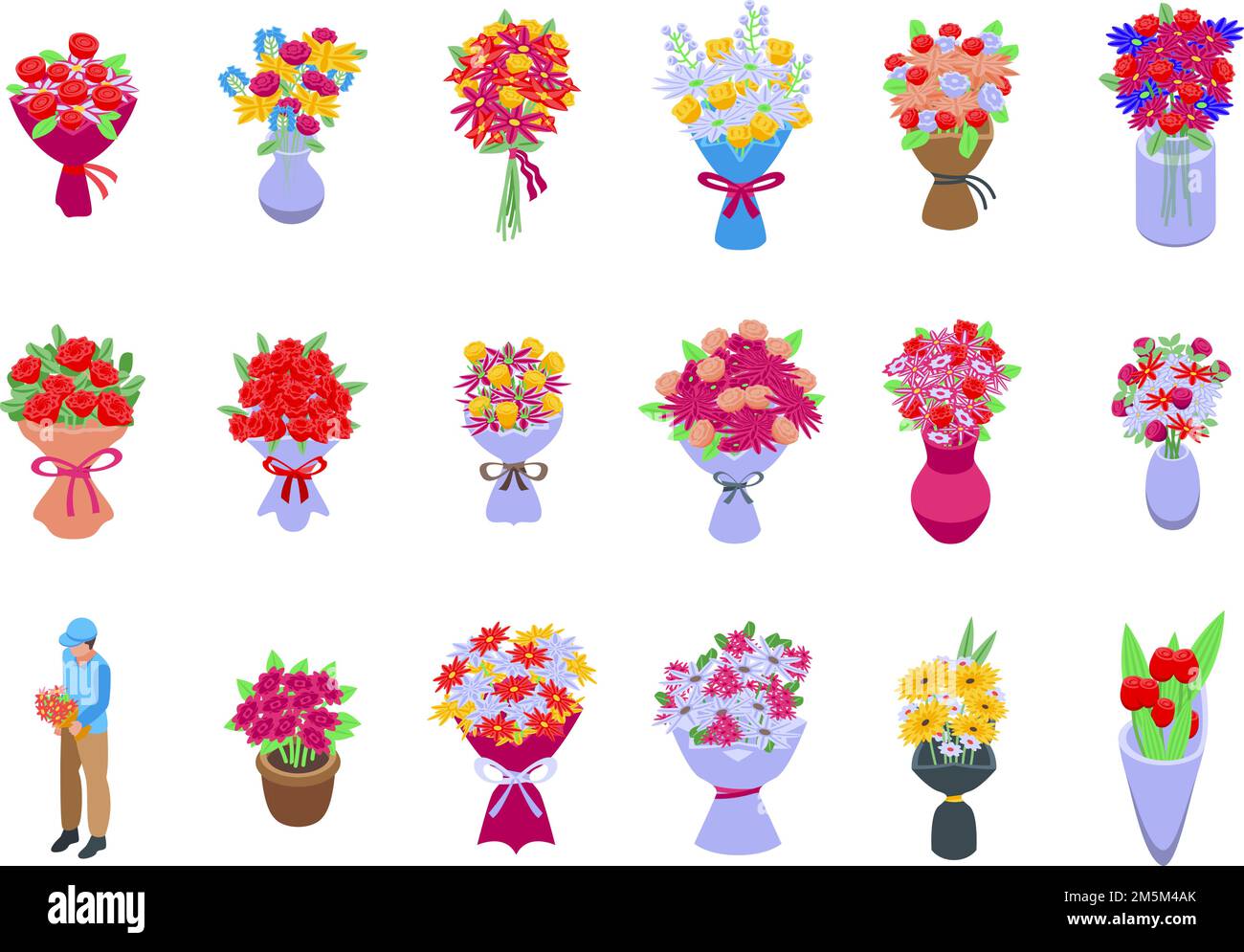 Bouquet icons set isometric vector. Flower basket. Vase bunch Stock Vector