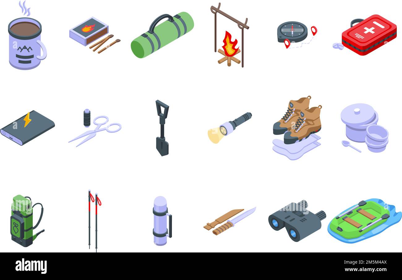 Expedition icons set isometric vector. Hiker adventure. Alpine outdoor ...