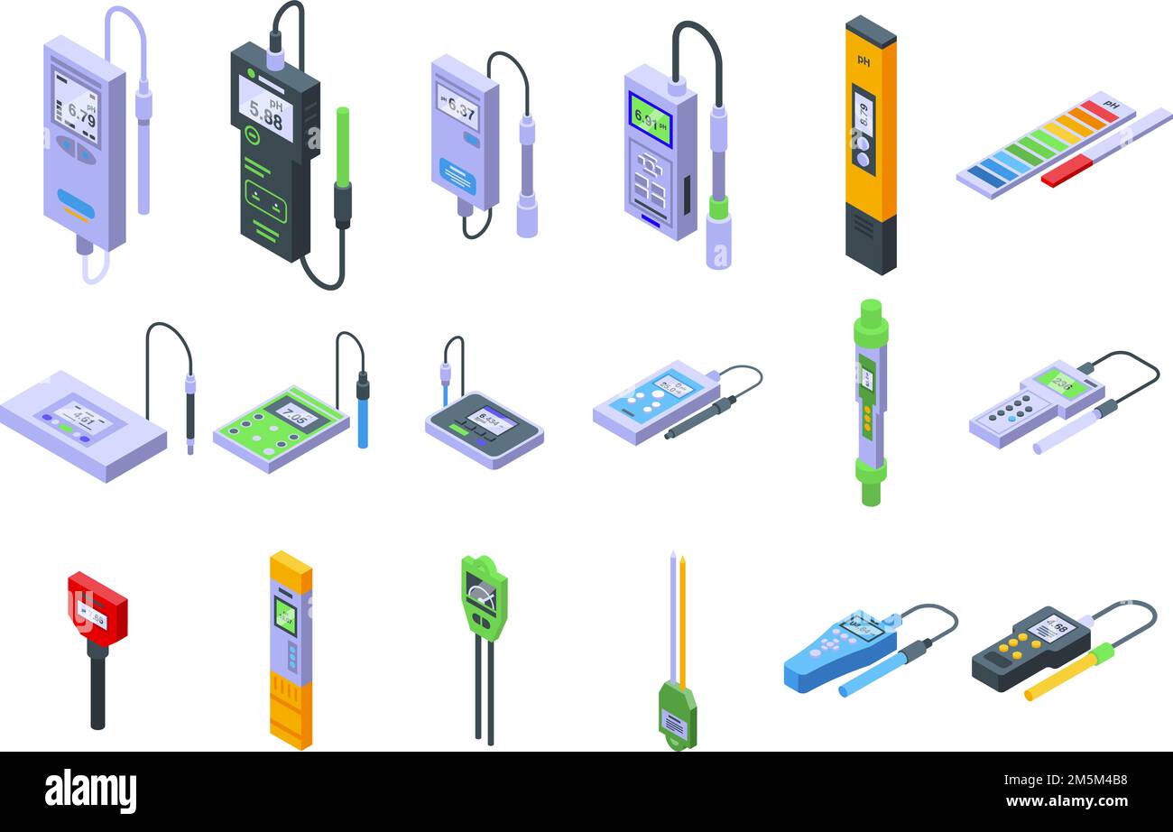 Ph meter icons set isometric vector. Acid chemical. Biology laboratory