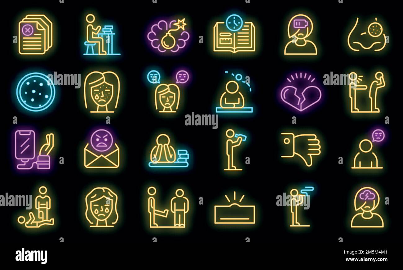 Teen problems icons set. Outline set of teen problems vector icons neon ...