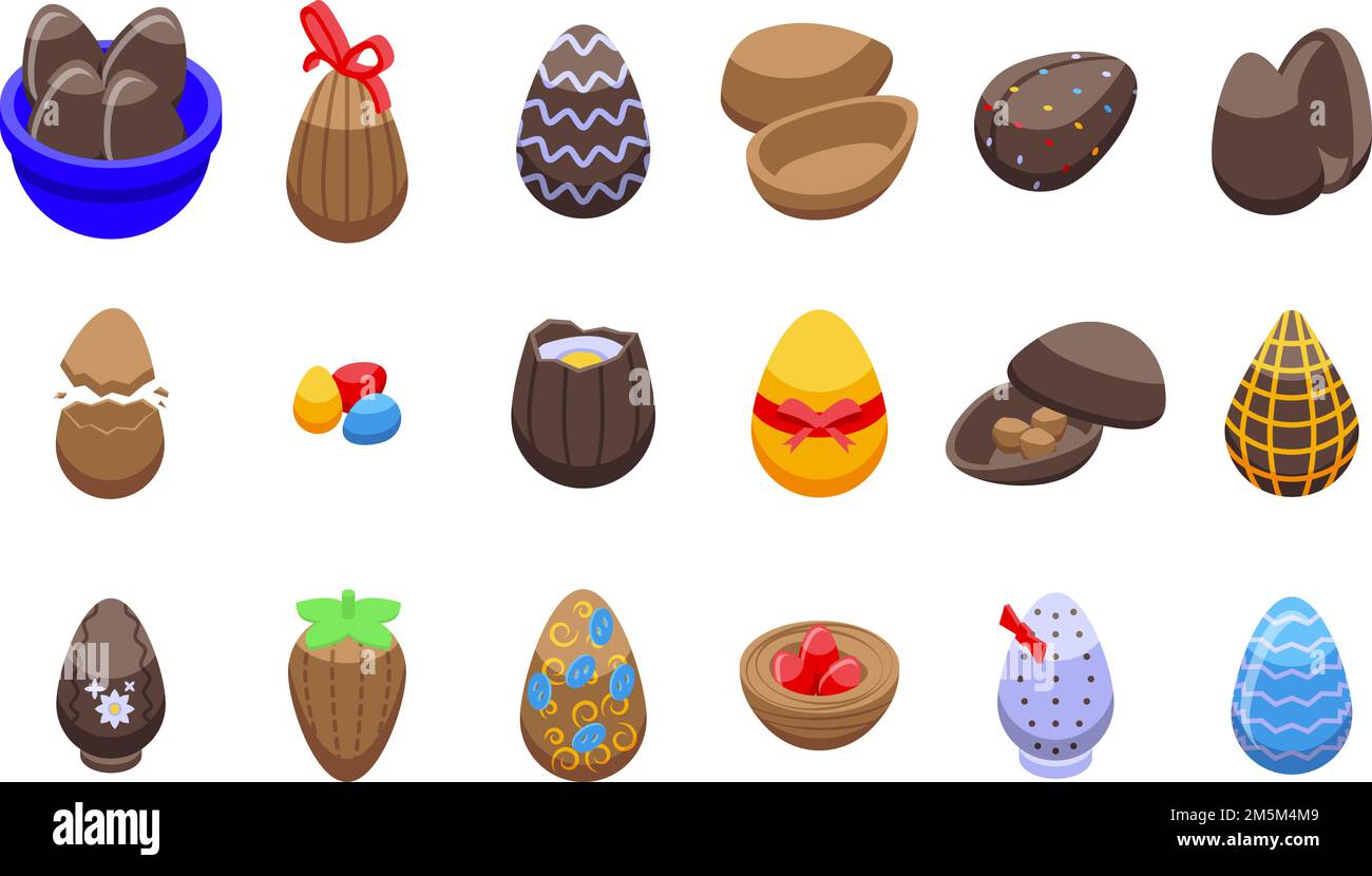 Chocolate eggs icons set isometric vector. Easter candy. Decorated snack Stock Vector