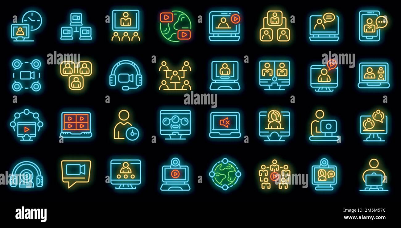 Online meeting icons set. Outline set of online meeting vector icons neon color on black Stock Vector