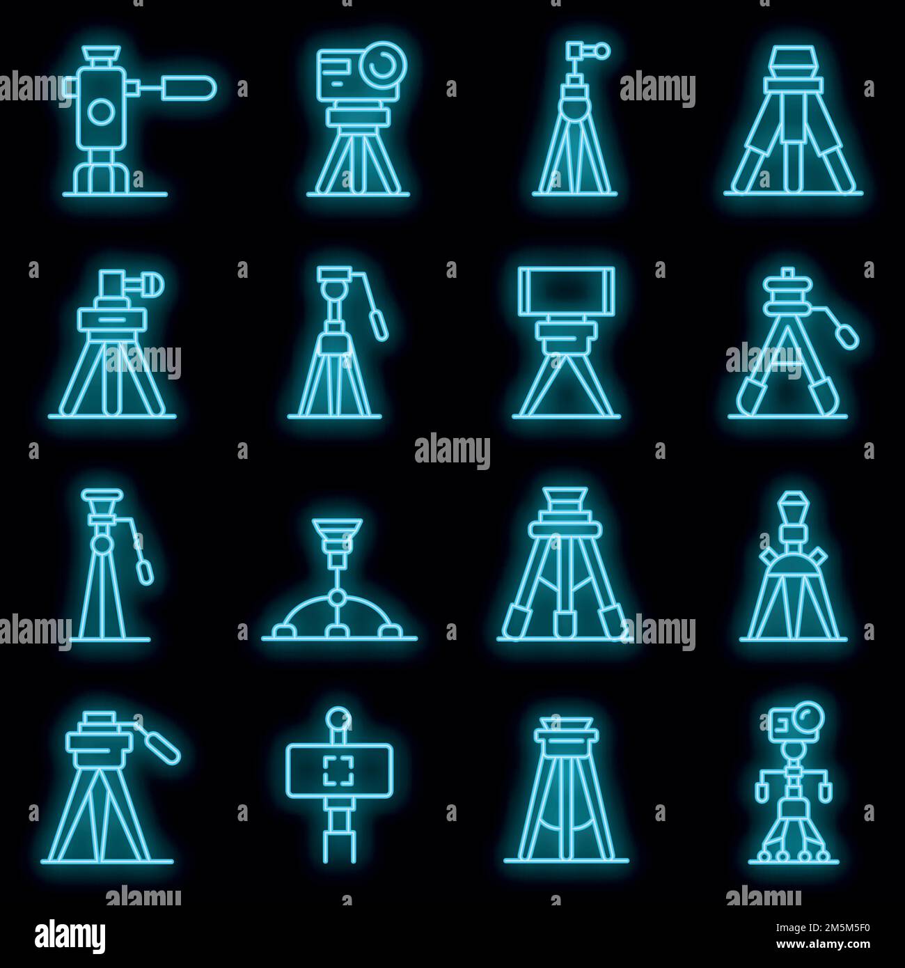 Tripod icons set. Outline set of tripod vector icons neon color on ...