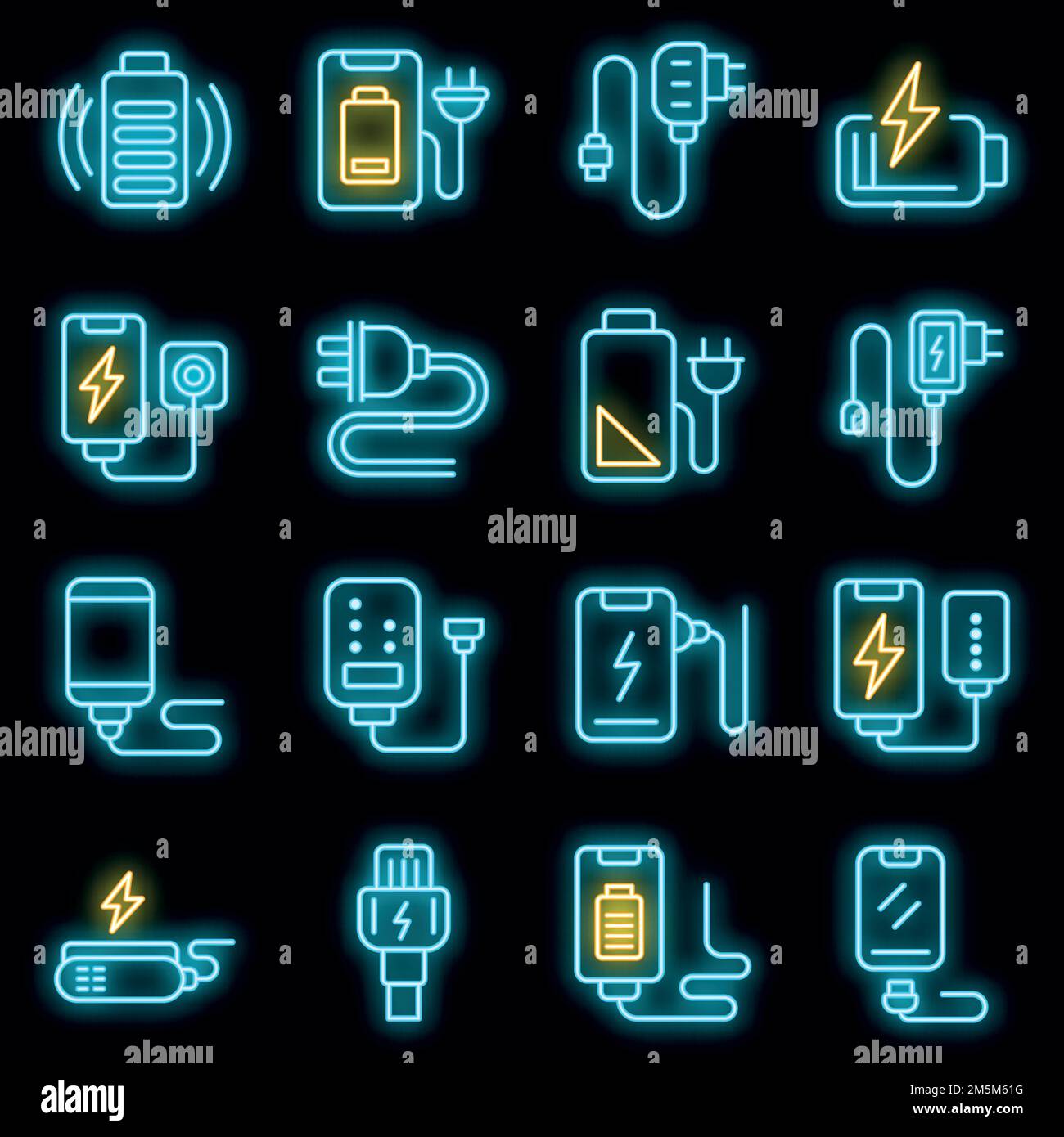 Charger icons set. Outline set of charger vector icons neon color on ...