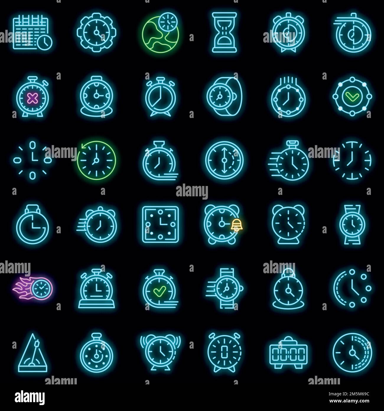 Stopwatch icons set. Outline set of stopwatch vector icons neon color ...