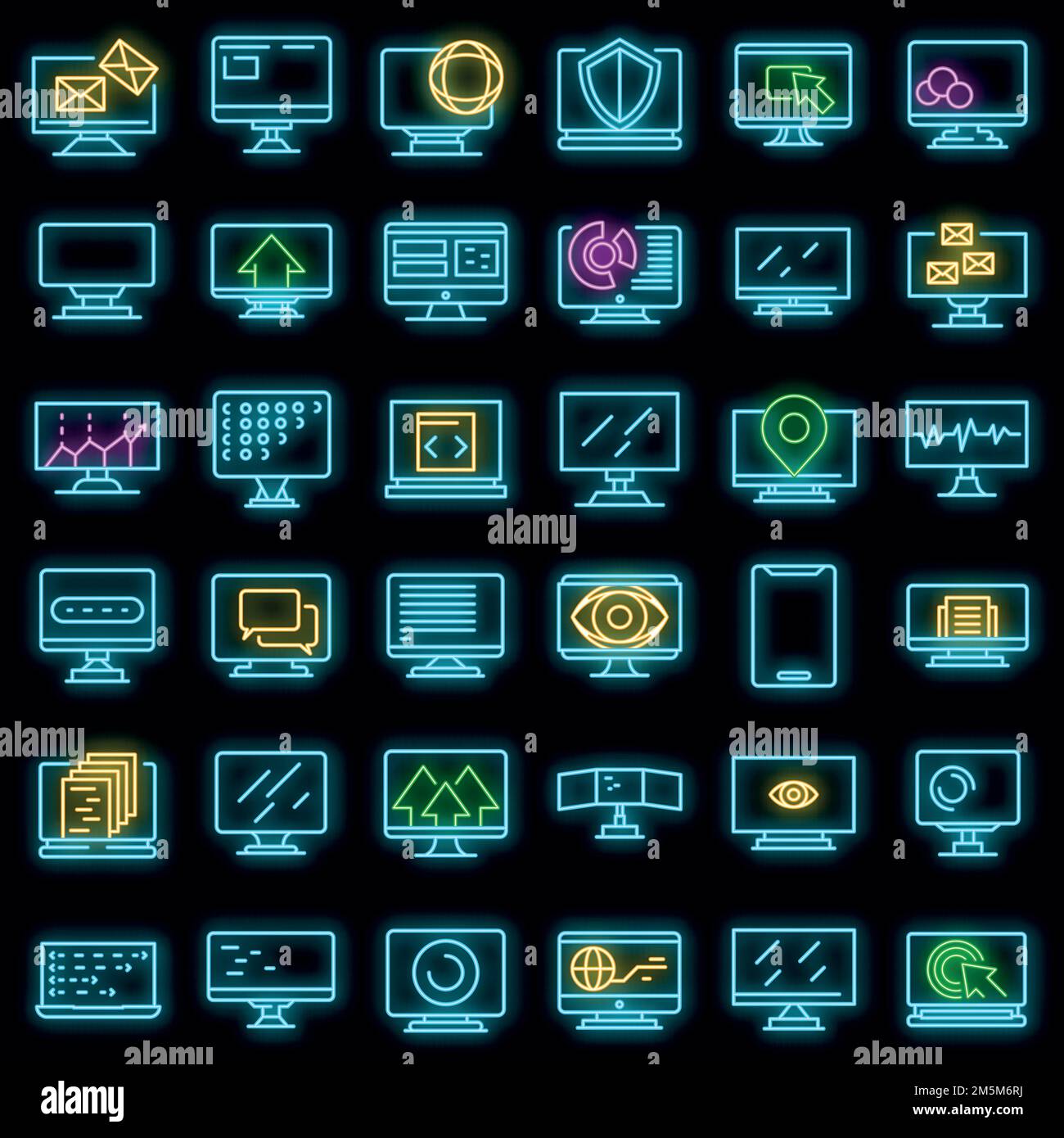 Monitor icons set. Outline set of monitor vector icons neon color on