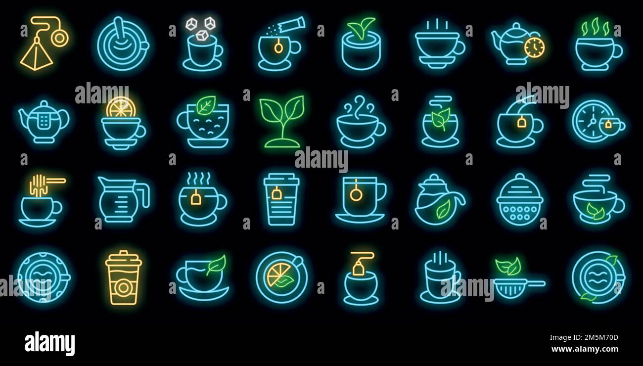 Tea icons set. Outline set of tea vector icons neon color on black ...
