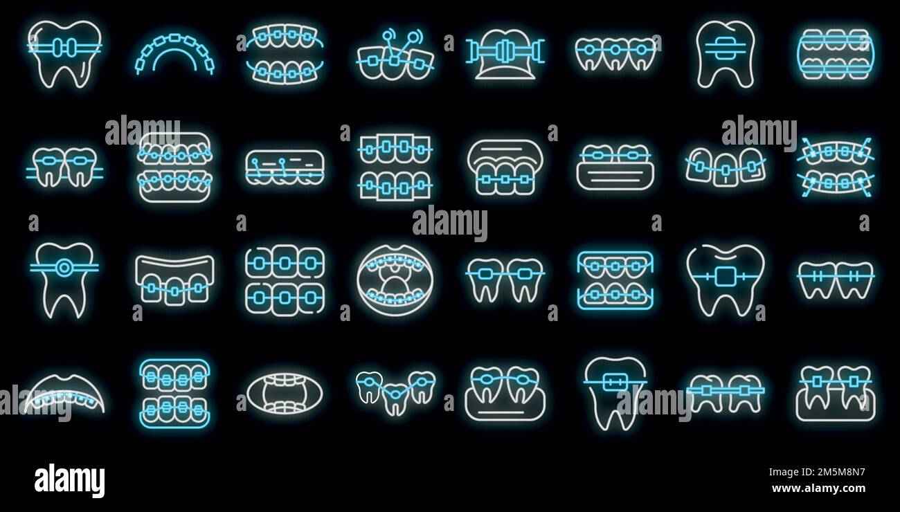 Tooth braces icons set. Outline set of tooth braces vector icons neon
