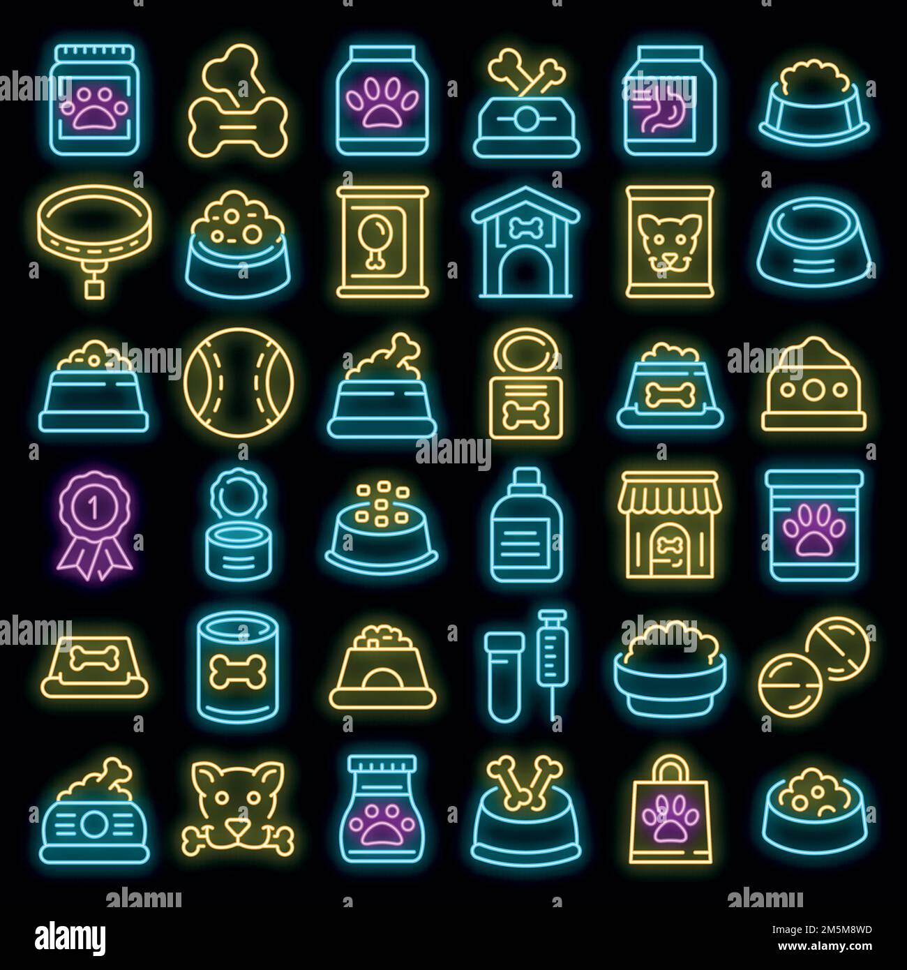 Dog food icons set. Outline set of dog food vector icons neon color on ...