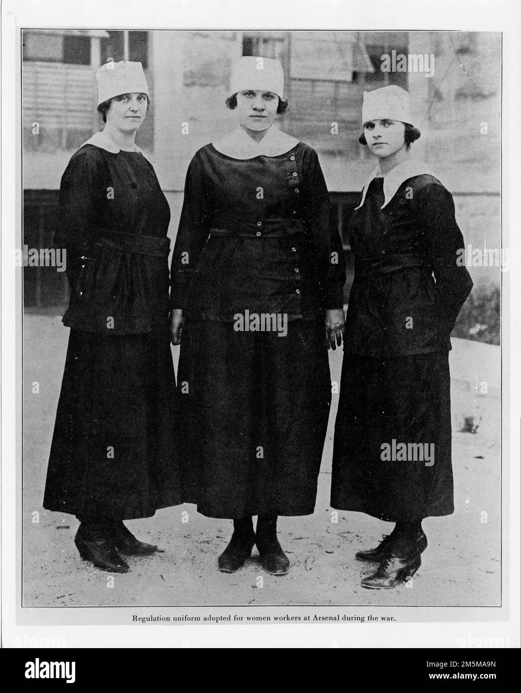 Many of the jobs women worked were considered highly dangerous positions, so they were required to adhere to the safety dress code.    “All girls working in shop buildings, whether skilled laborers or skilled office laborers, must provide themselves with uniforms within 30 days after date of employment. Girls working at machines or near dangerous machinery will wear the bloomer uniform,” stated RIA Commanding Officer Col.  Leroy T. Hillman, as reported in a 1918 issue of The Arsenal Record, the installation newspaper, accessed through the RIA archive. Stock Photo