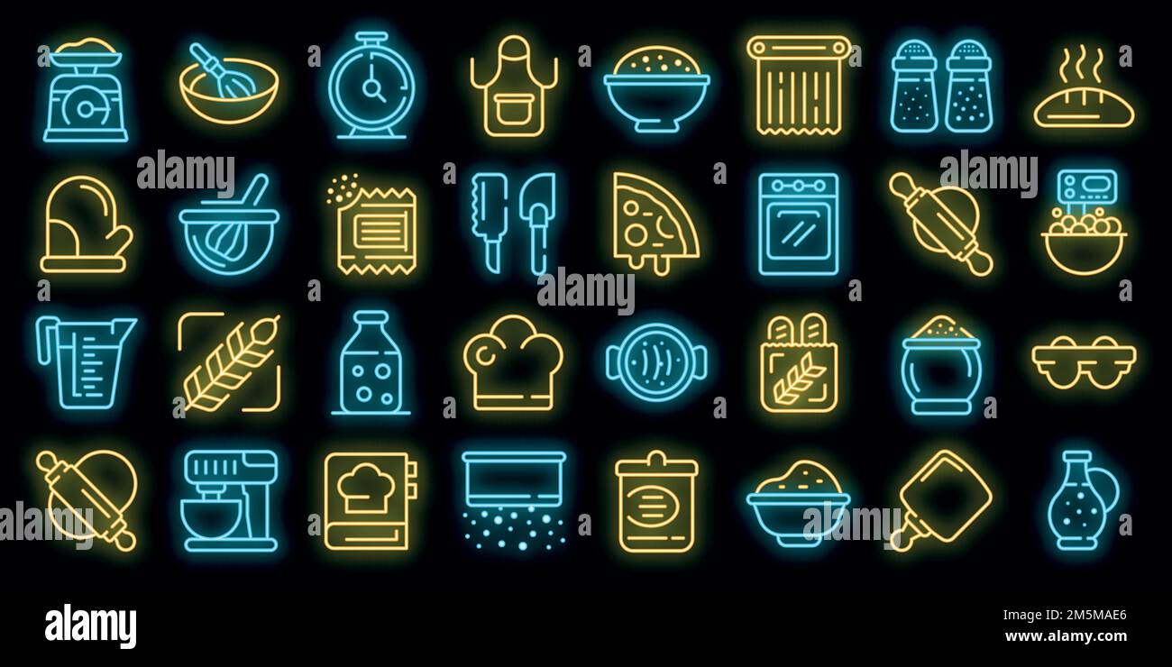 Dough icons set. Outline set of dough vector icons neon color on black Stock Vector