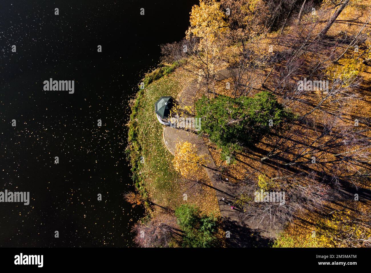 Aerial view of an autumn park surrounded by a pond and a park gazebo on ...